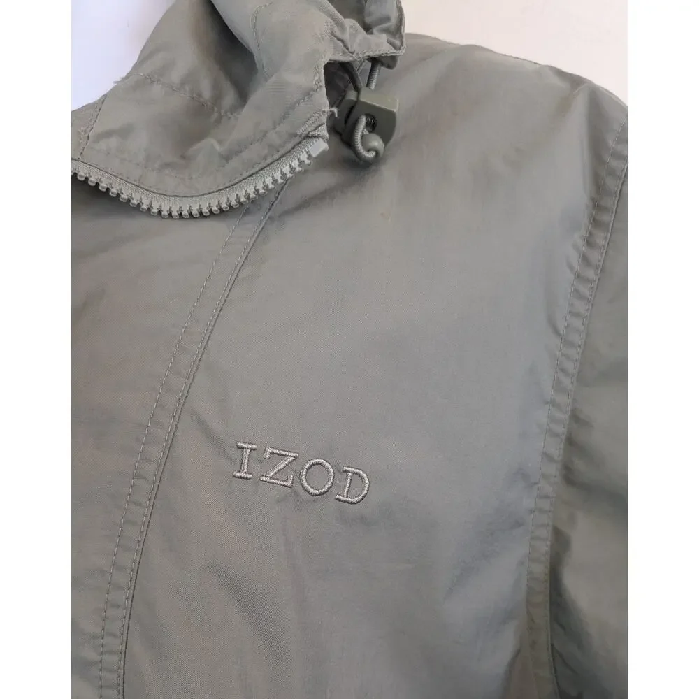IZOD Golf Mens Windbreaker Jacket Large Green Hooded Multi Pocket Lightweight